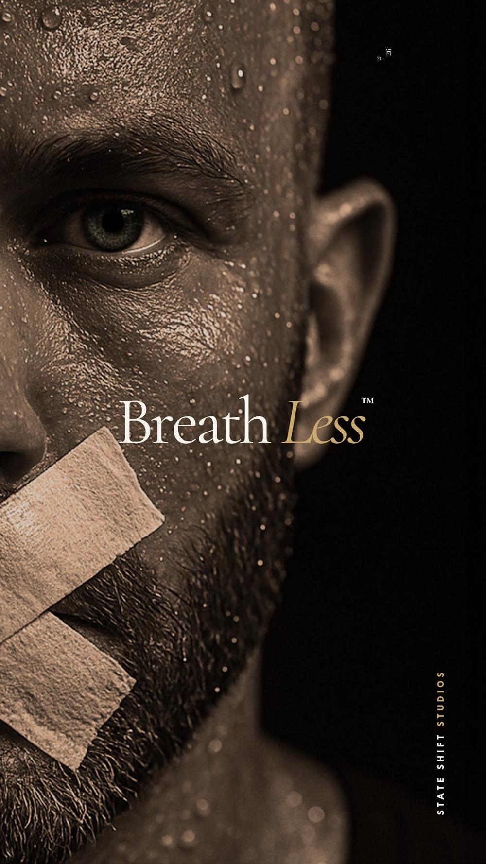 Breathless program cover, a close up portrait with tape across the mouth